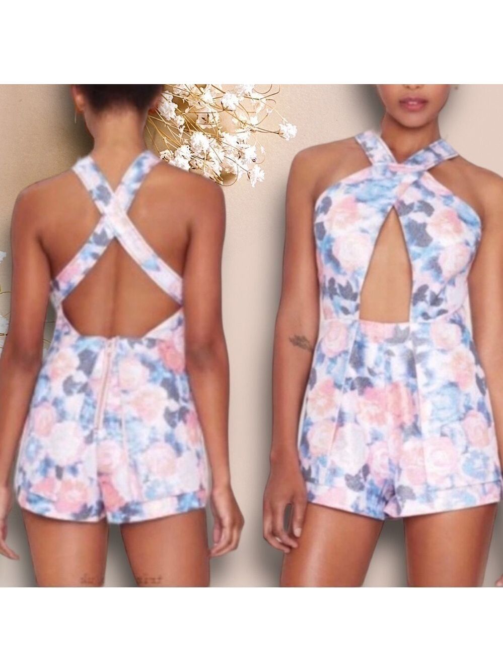 NASTY Gal floral shiny jacquard cut out halter romper shorts  Sz S - Picture 2 of 11